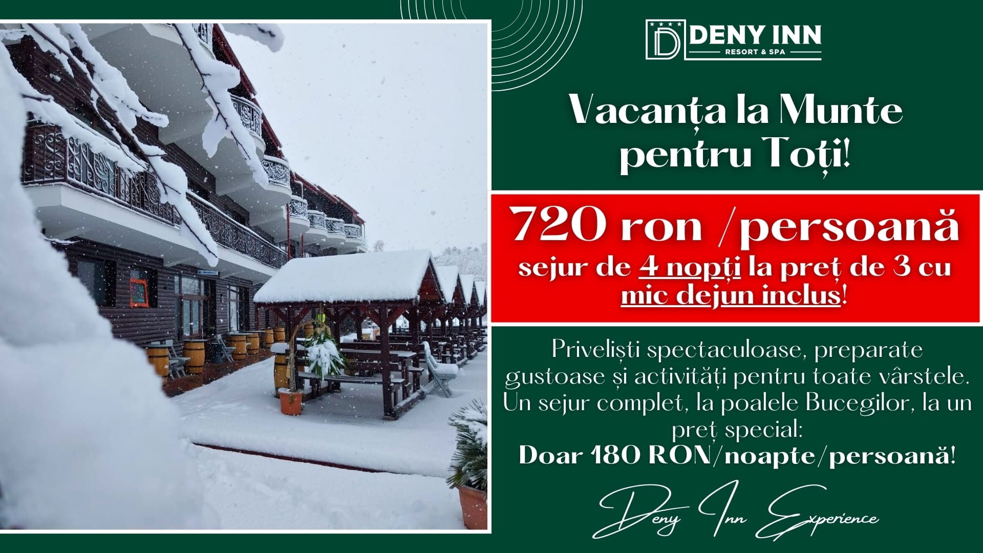 Deny Inn vacanta de ski 2026 la bran. partii in apropiere: cheile gradistei, bran-zanoaga, poiana brasov, azuga