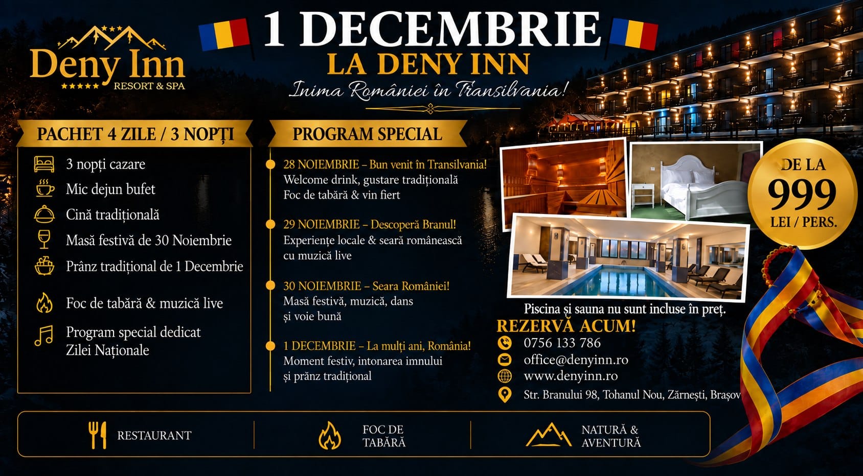Ofertă 1 Decembrie 2026 la Deny Inn Resort & Spa Bran – pachet 4 zile / 3 nopți de la 999 lei/persoană