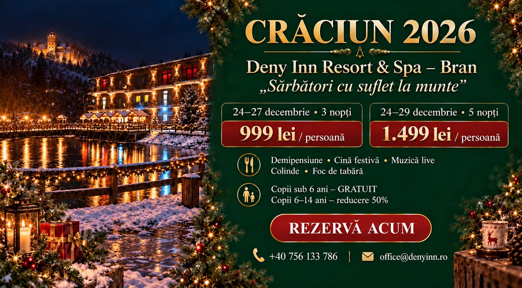 Ofertă Crăciun 2026 la Deny Inn Resort & Spa Bran – 3 nopți 999 lei, 5 nopți 1.499 lei de persoană
