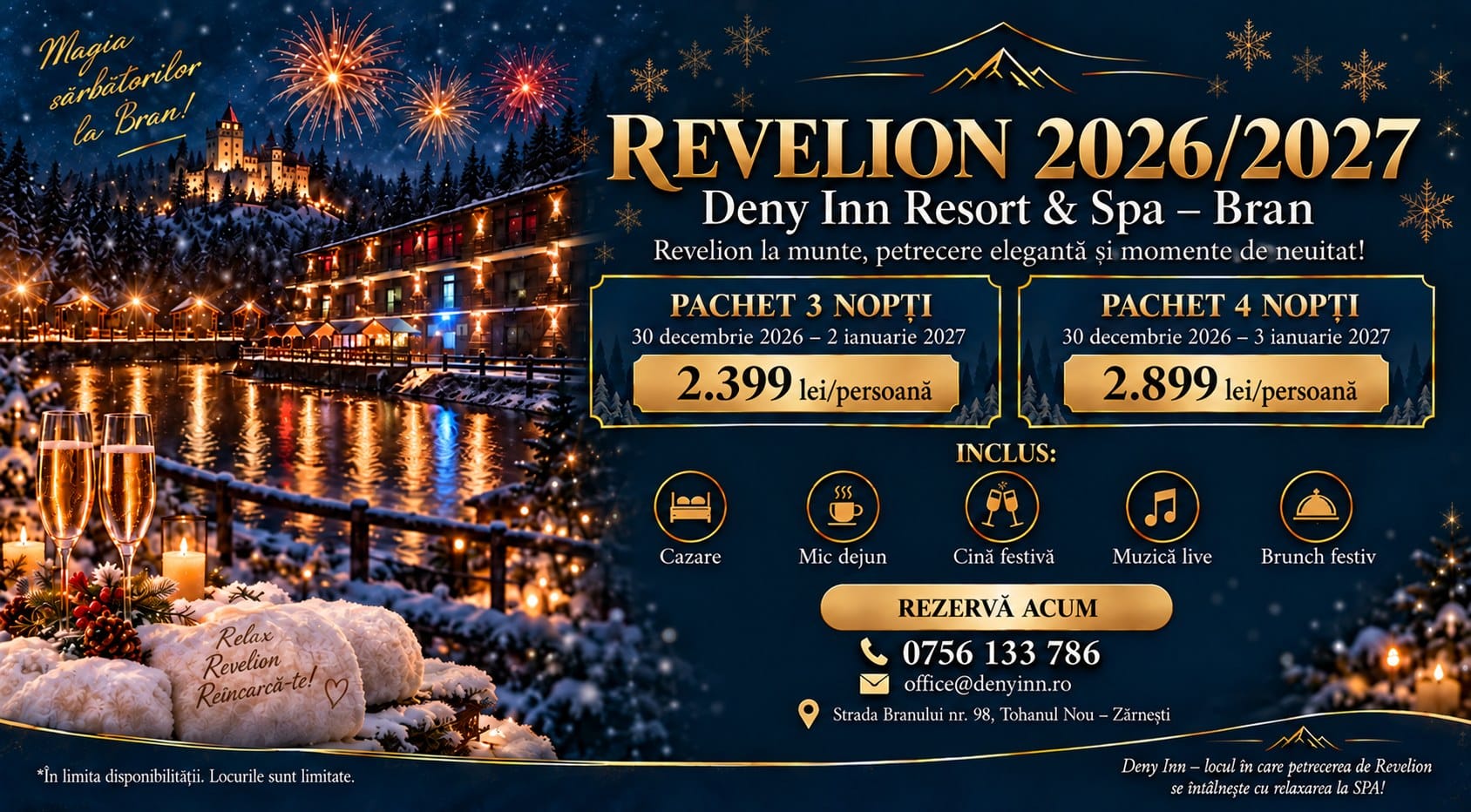 Ofertă Revelion 2026/2027 la Deny Inn Resort & Spa Bran – 3 nopți 2.399 lei, 4 nopți 2.899 lei de persoană