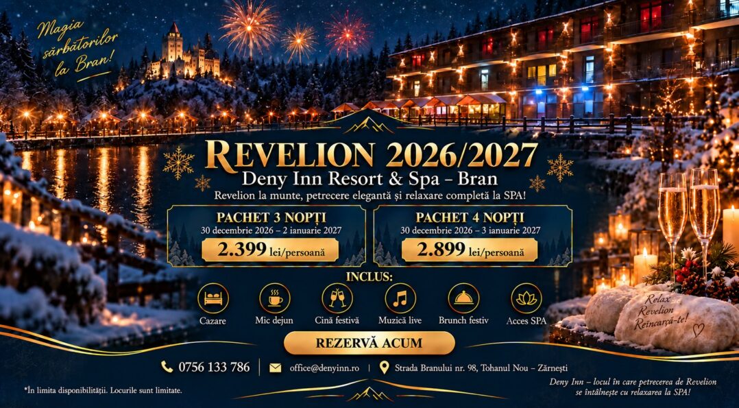 Ofertă Revelion 2026/2027 la Deny Inn Resort & Spa Bran – pachete 3 și 4 nopți de la 2.399 lei/pers., cină festivă, muzică live și acces spa inclus