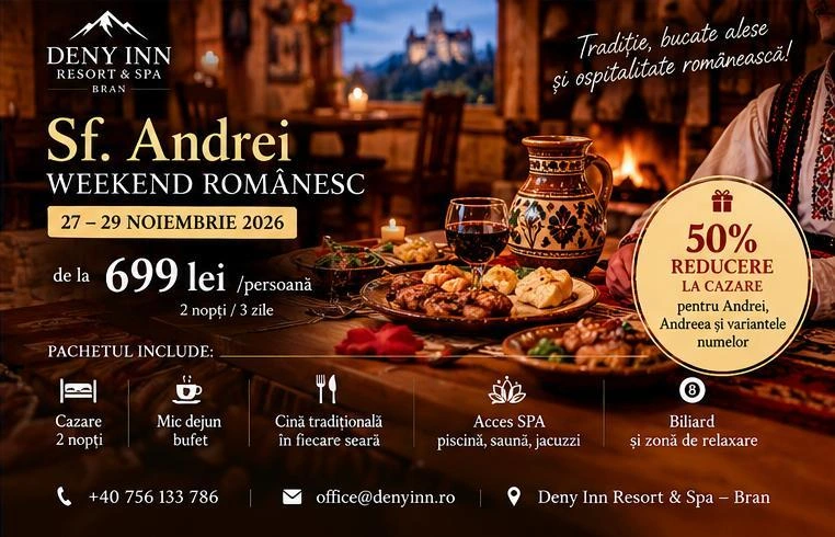 Ofertă Sfântul Andrei la Deny Inn Bran, 27–29 noiembrie 2026: 2 nopți, mic dejun, cine tradiționale și SPA, 699 lei/persoană; reducere aniversară la cazare.